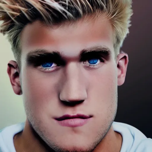 Image similar to a realistic detailed photo of boxer & youtuber jake paul with a mind control chip on his head, blank stare, shiny skin