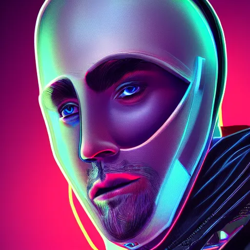 Prompt: a portrait of an ultradetailed futuristic male cyberpunk wearing a hoodie on his head, bearded, deep blue eyes, by dylan kowalski, 8 k, purple neon colours, digital painting, trending on artstation