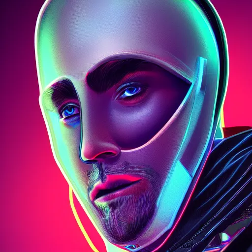 Image similar to a portrait of an ultradetailed futuristic male cyberpunk wearing a hoodie on his head, bearded, deep blue eyes, by dylan kowalski, 8 k, purple neon colours, digital painting, trending on artstation