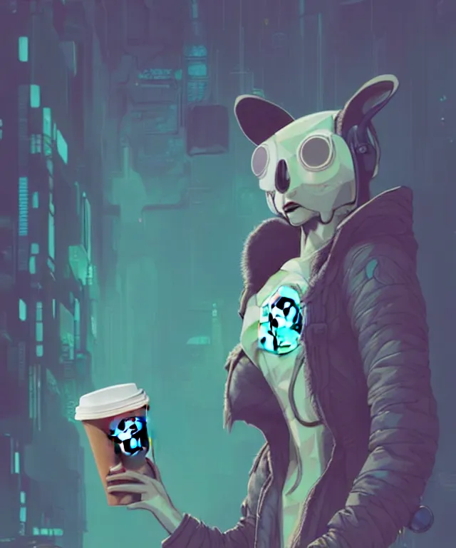 Image similar to a portrait of an anthropomorphic cyberpunk koala holding a starbucks, cyberpunk!, fantasy, elegant, digital painting, artstation, concept art, matte, sharp focus, illustration, art by josan gonzalez