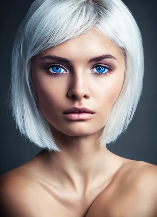 Image similar to a detailed photo of beautiful young woman, white hair, care haircut, brown eyes, symmetric face, radiant light, detailed and intricate environment