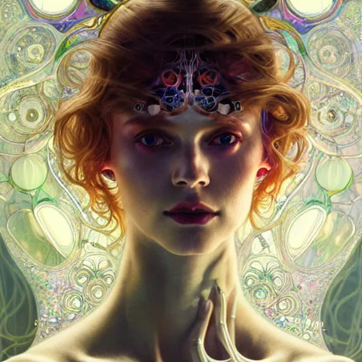 Image similar to psychedelic organic cyborg, white holographic plastic, dramatic lighting, fantasy, intricate, elegant, highly detailed, lifelike, photorealistic, digital painting, artstation, illustration, smooth, sharp focus, art by john collier and albert aublet and krenz cushart and artem demura and alphonse mucha