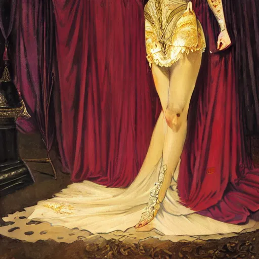 Image similar to an extremely detailed matte painting of a vampire queen in a resplendent and ostentatiously beautiful dark red dress with gold trim and black high heeled shoes at a masquerade ball, epic fantasy, viewed in profile from far away, sharp focus, detailed face, art by greg rutkowski and alphonse mucha, volumetric lighting, 4 k resolution, artstation