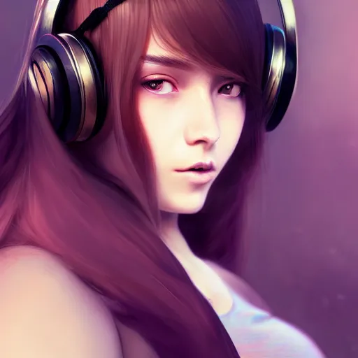 Image similar to beautiful full portrait of a girl, brunette curvy long hair, full - body shot, wearing cyberpunk headphones, streetwear, like a fashion model + high detailed, resolution beautifully detailed landscape trending on artstation 8 k, cinematic, epic detailed trending on artstation 8 k, by bukurote + krenz cushart + ryota - h + wlop