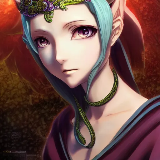 Prompt: portrait of medousiana the earth goddess of snakes, anime fantasy illustration by tomoyuki yamasaki, kyoto studio, madhouse, ufotable, square enix, cinematic lighting, trending on artstation