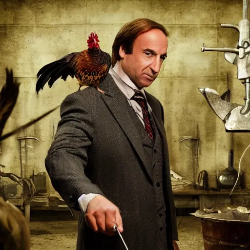 Image similar to saul goodman and a rooster in a medieval torture chamber, saw blades and knives in the background, horror movie, saul goodman!!!!, rooster!!!!, real life photo, detailed face!