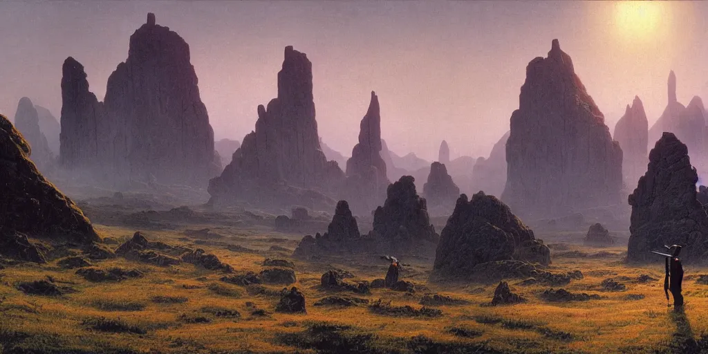 Prompt: background environment without main subject to focus on, volumetric light from nearby sources, style by caspar david friedrich and wayne barlowe and ted nasmith.