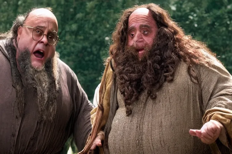 Prompt: film still Danny Devito as Rubeus Hagrid in Harry Potter movie