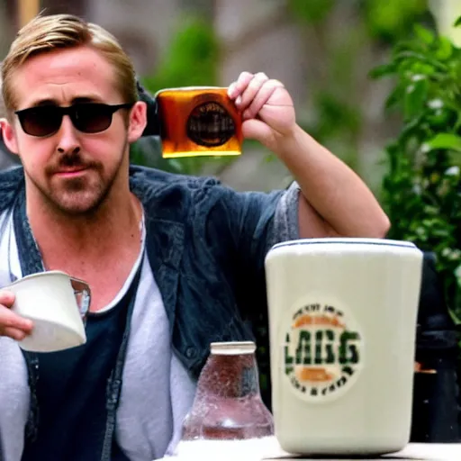 Prompt: Ryan Gosling drinks a huge mug of beer