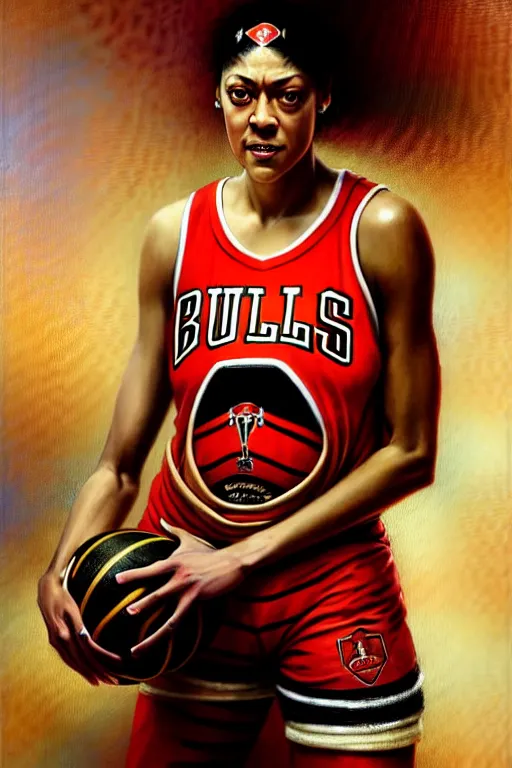 Image similar to candace parker in a bulls jersey by gaston bussiere bayard wu, greg rutkowski, giger, maxim verehin, drew struzan