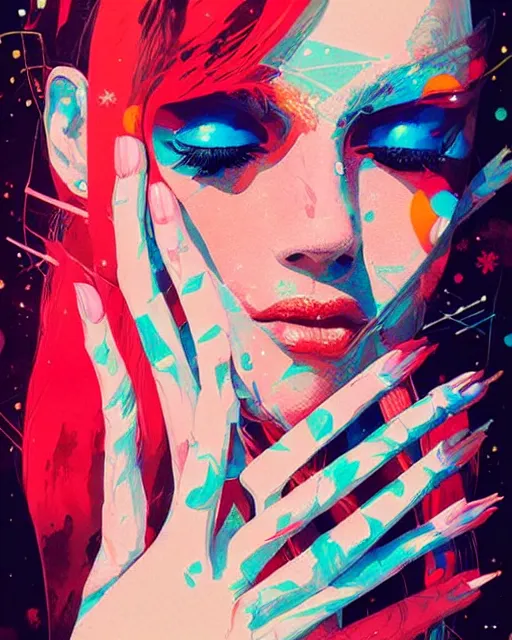 Prompt: an ultradetailed beautiful painting of a stylish woman with colorful band aids, concert poster, retro, conrad roset, greg rutkowski, flume cover art