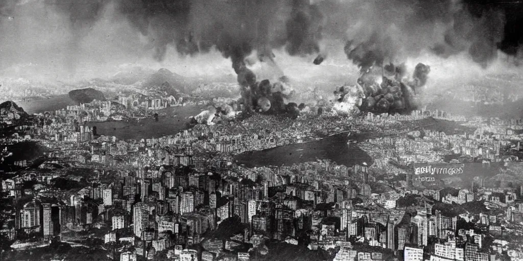 Image similar to the bombing of rio de janeiro ( 1 9 3 0 ), historical photograph, highly detailed, 4 k, real, big explosions, fire, destruction, early 2 0 th century, wide angle,