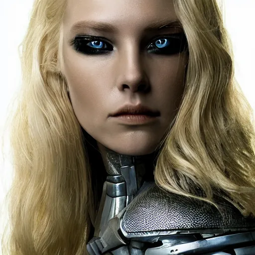 Image similar to very pretty blond borg queen on a borg ship, perfect face, symmetrical face, moody lighting, shallow depth of field,