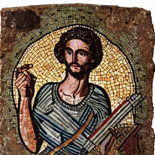 Prompt: roman mosaic of a man holding a piece of glowing wool, opus tesellatum, pompeii