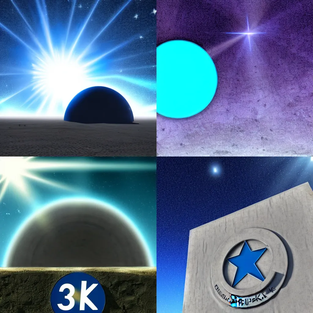 Prompt: Blue Text that says 3kliksphilp, with a picture of a concrete building in a martin crater, with a star in the sky with creating lens flare, CGI