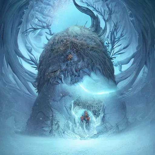 Prompt: a hyperrealistic illustration of a monster in the Arctic, snow on the monsters body, blue transparent ice with fractal sunlight, award-winning, masterpiece, in the style of Tom Bagshaw, Cedric Peyravernay, Peter Mohrbacher