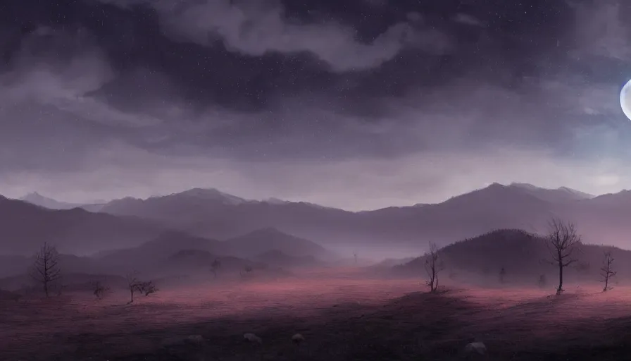 Image similar to a beautiful landscape at dusk, big moon and stars in the sky, matte painting, dark blue tones, concept art, 4k