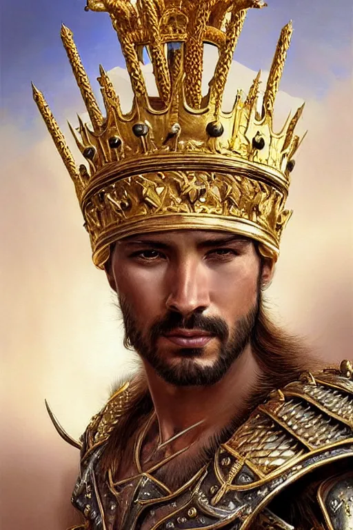 Image similar to Hyper-realistic Portrait of the King of the Desert, Warrior Man, Gold Armour and Crown, Sword, handsome attractive face, beautiful face, photo realistic, highly detailed, dramatic lighting, majestic, trending on artstation, elegant, intricate, highly detailed, digital painting, concept art, sharp focus, illustration, art by artgerm and greg rutkowski and alphonse mucha