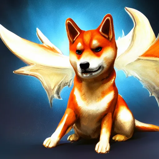 Image similar to a painting of a shiba inu with dragon wings, hd, hdr, ue 5, ue 6, unreal engine 5, cinematic 4 k wallpaper, 8 k, ultra detailed, high resolution, artstation, award winning