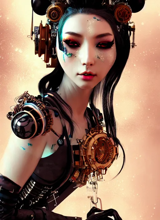 Image similar to soft lustrous ebony geisha seductive raver gutter punk steampunk cyborg, yakuza, golden ratio, details, scifi, fantasy, cyberpunk city, intricate, decadent, highly detailed, octane render, digital painting, artstation, concept art, sharp focus, illustration, art by artgerm, loish, wlop