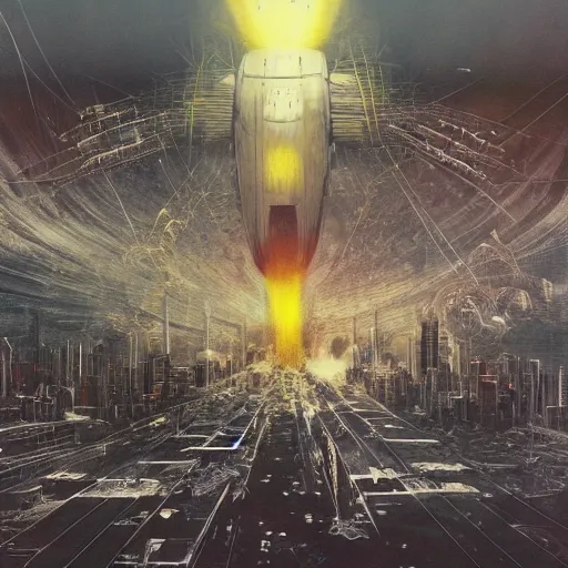 Image similar to a full - metal irisdiscent hindenburg accident, santiago of chile skyline, andes, the city is on pixeled fire from a fragmented wired reality, game poster by yoji shinkawa, esao andrews, yoshitaka amano and ryuichi sakamoto