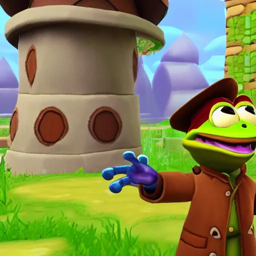 Image similar to screenshot of a cute inspector frog with a brown trenchcoat as an npc in spyro the dragon video game, with playstation 1 graphics, activision blizzard, upscaled to high resolution