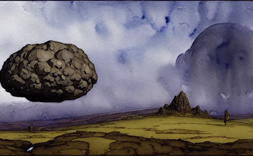 Image similar to a hyperrealist watercolour character concept art portrait of a giant asteroid floating in the air. it is a misty night on the moors of ireland. by rebecca guay, michael kaluta, charles vess and jean moebius giraud