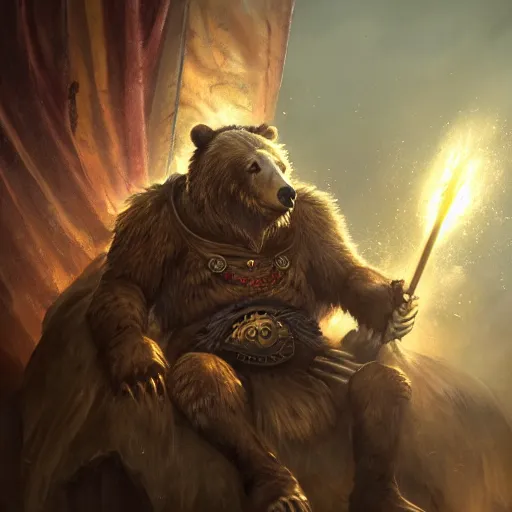 Image similar to Bear, Anthropomorphized, as scarred warlord general on throne, magic the gathering artwork, D&D, fantasy, cinematic lighting, centered, symmetrical, highly detailed, digital painting, artstation, concept art, smooth, sharp focus, illustration, volumetric lighting, epic Composition, 8k, art by Akihiko Yoshida and Greg Rutkowski and Craig Mullins, heroic pose, oil painting, cgsociety, Battlefield background, explosions, arrows