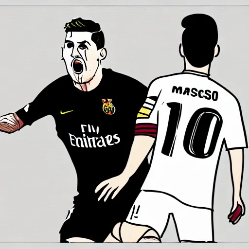 Image similar to Ronaldo choking Messi, illustration, sketch