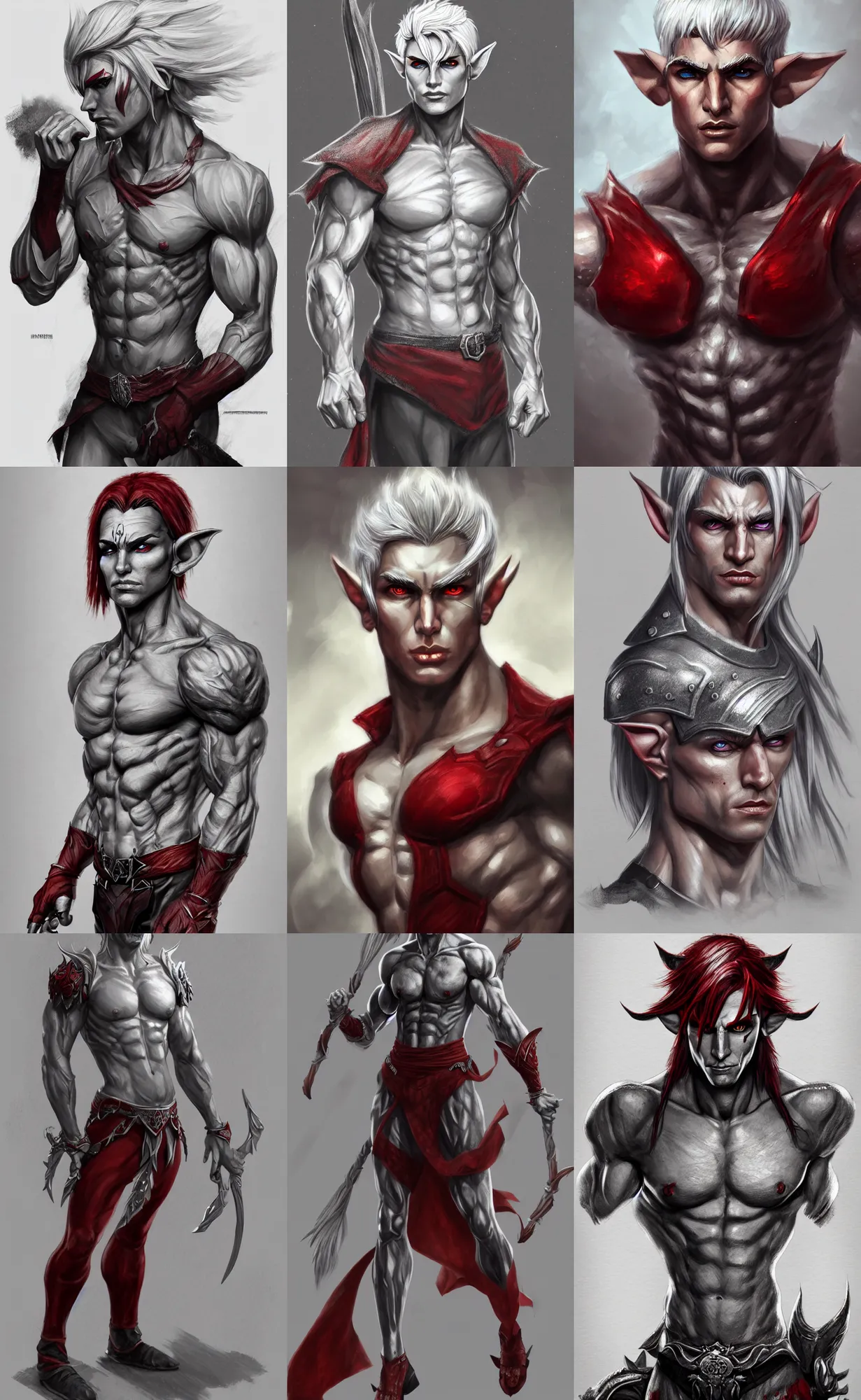 Prompt: A full body illustration of a male elf, silver hair, red eyes, muscular, attractive, command presence, royalty, weathered face, gritty, hard shadows, smooth, illustration, concept art, highly detailed, muscle definition, ArtStation, ArtStation HQ