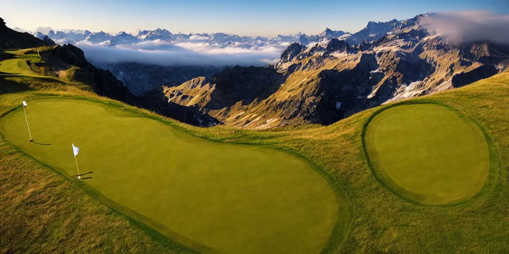 Image similar to a great photograph of the most amazing golf hole in the world, perfect light, over a cliff, in the swiss alps, hangglider, high above treeline, ambient light, 5 0 mm, golf digest, top 1 0 0, fog