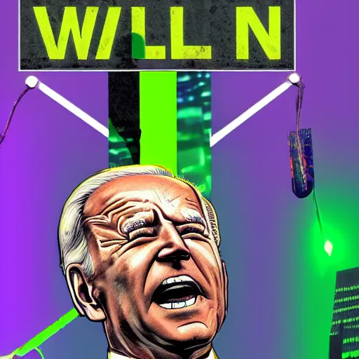 Prompt: President Biden screaming cowboy wall street trader face is melting with dollar signs in eyes, liquified, chrome reflections, black ink, glue dropping, snake oil skin, lit by one neon light from the top, rim lights purple and green, hyper bullish, octane render, cgsociety, autodesk, behance, kiki picasso style, performance enhancing crypto nootropic SIP TECH