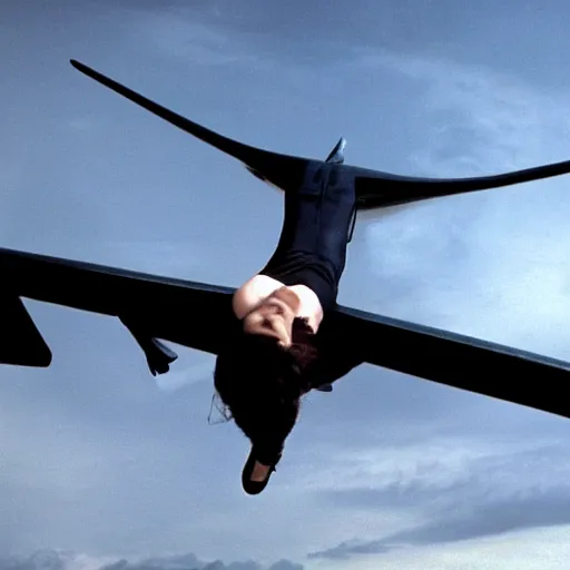 Image similar to gal gadot flying next to a plane in american psycho ( 1 9 9 9 )