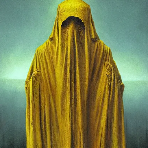 Prompt: Hastur the King in Yellow mummified monarch by Greg Rutkowski and Zdzisław Beksiński, high quality painting