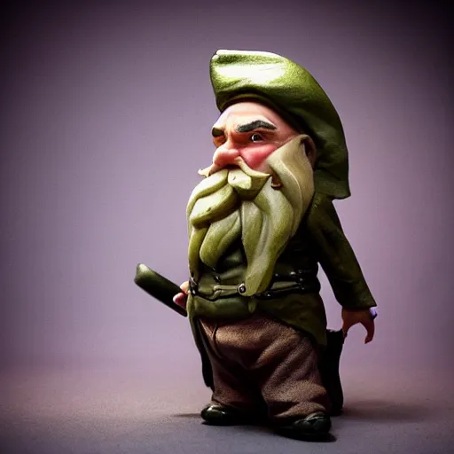 Prompt: Gnome Alchemist dressed like a 1920s mobster, Peter Jackson Lord of the Rings, Volumetric Lighting, Photograph, Practical Effects, Cinematic