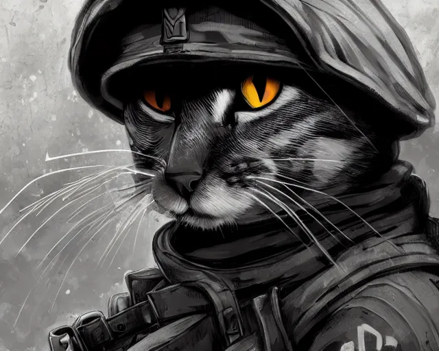 Prompt: A cat as a soldier in a world war 1 trench, close-up, black and white, amazing digital art, hyper detailed, artstation, in the style of Tony Sart