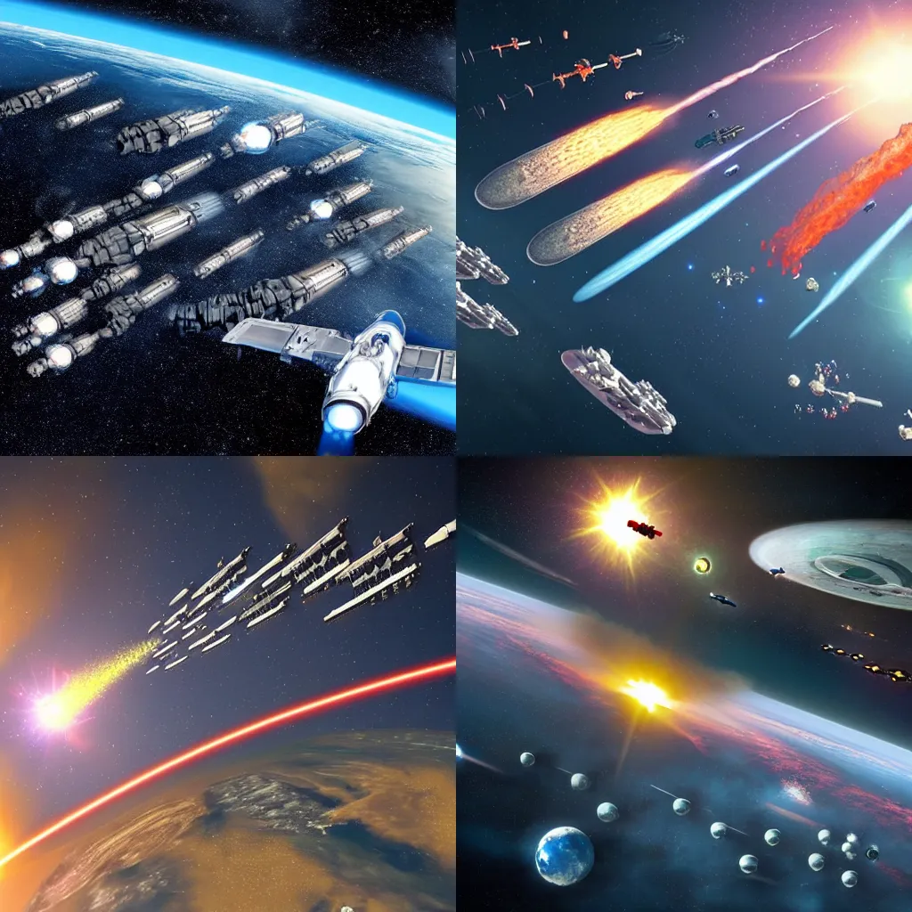 Prompt: A fleet of heavy dreadnaught cruisers performing a saturation bombardment above earth