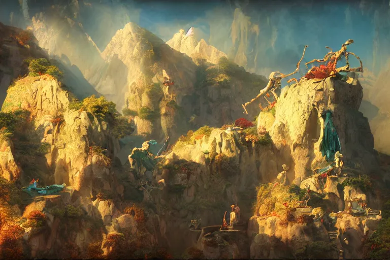 Image similar to skeletons attacking a tibetian temple in the mountains, beautiful day, concept art, beautiful, by maxfield parrish, by gustave dore, by peter mohrbacher, sharp focus, vivid color, rainbowshift, octane render, cgi, rule of thirds