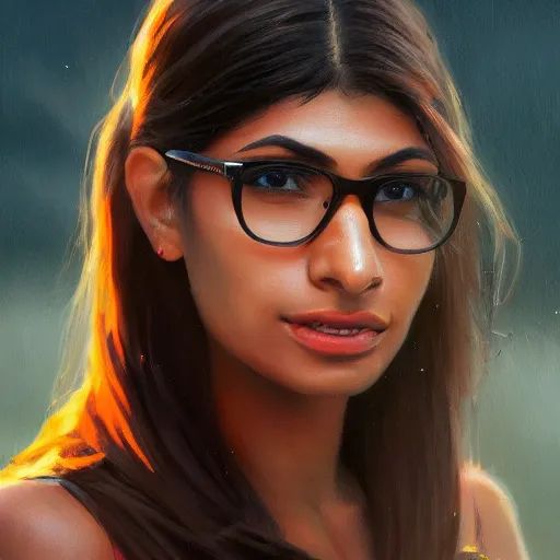 Image similar to a closeup portrait of a mia khalifa, dramatic light, lake background, sunset, dark, painted by stanley lau, painted by greg rutkowski, painted by stanley artgerm, digital art, trending on artstation