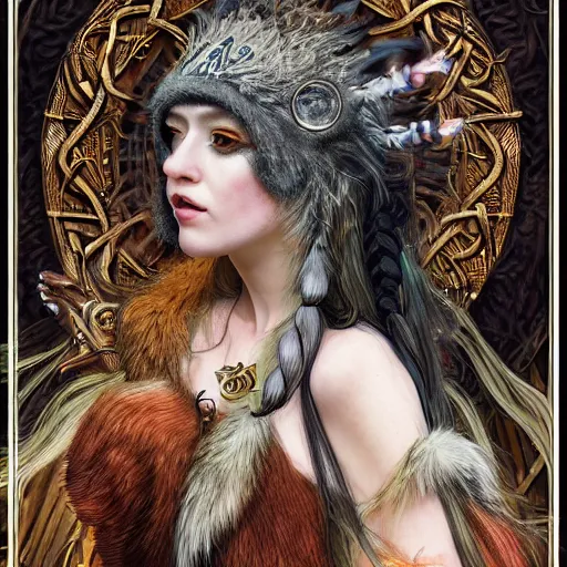 Image similar to a photograpic portrait of a anthropomorphic norse mythology mimosa, wearing furry clothes in the style of heilung an experimental folk music band, fantasy, intricate, elegant, highly detailed, photo realism, digital painting, artstation, concept art, smooth, sharp focus, illustration, art by artgerm and H R Giger and alphonse mucha