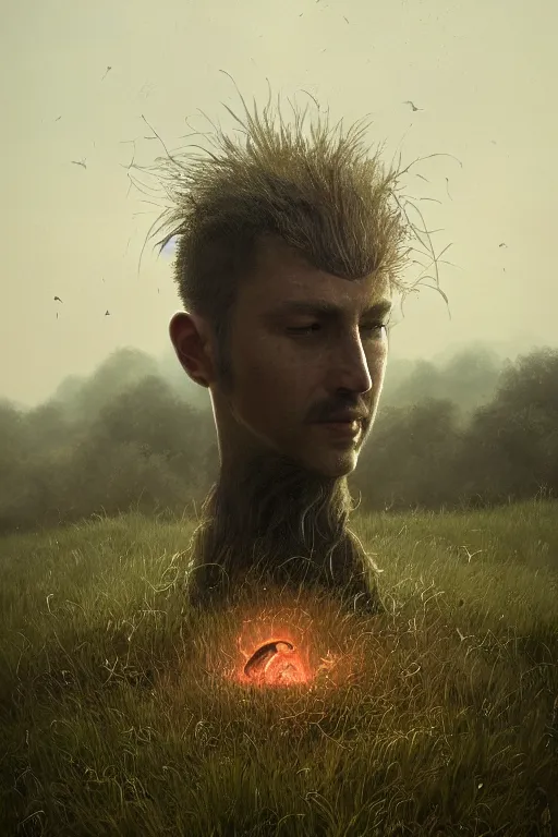 Image similar to a fancy portrait of a giant michanical face buried in the meadow by Greg Rutkowski, Sung Choi, Mitchell Mohrhauser, Maciej Kuciara, Johnson Ting, Maxim Verehin, Peter Konig, final fantasy, Marco lense , 8k photorealistic, cinematic lighting, HD, high details, atmospheric , trending on artstation