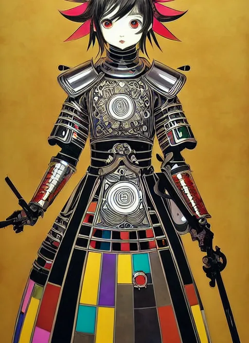 Image similar to takashi murakami, ilya kuvshinov, anime female knight in. ornate armor by, last exile, murata range, fine detail, perfect, dramatic lighting, dynamic composition, art deco, cel shading, vivid, rich texture, alphonse mucha, ( ( ( colorful ) ) ), ( ( ( yoshinari yoh ) ) ),