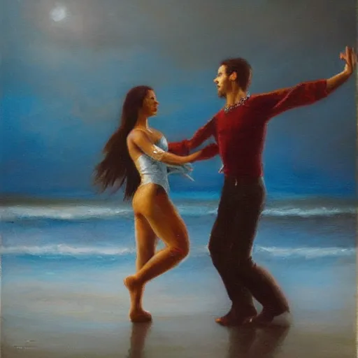 Prompt: A brunette Colombian woman and a Caucasian man dance intimately on a misty pier at midnight, sensual, romantic, oil painting