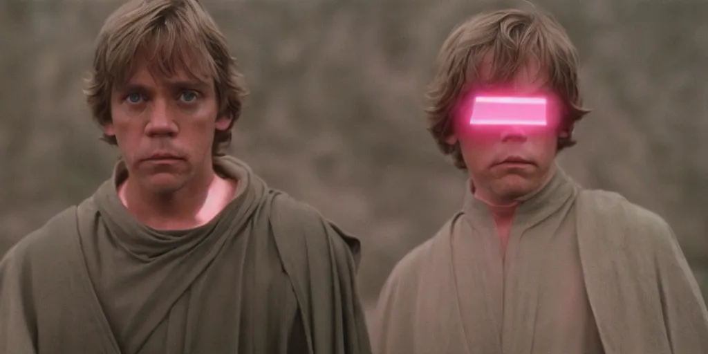 Image similar to screenshot of Luke Skywalker in dark jedi robe is lost on a surreal pink planet with black trees, minamilist 1970s sci fi film by Stanely Kubrick film, color kodak, Ektachrome, anamorphic lenses, detailed faces, hyper-realistic, photoreal, detailed portrait, moody award winning cinematography, beautiful lighting