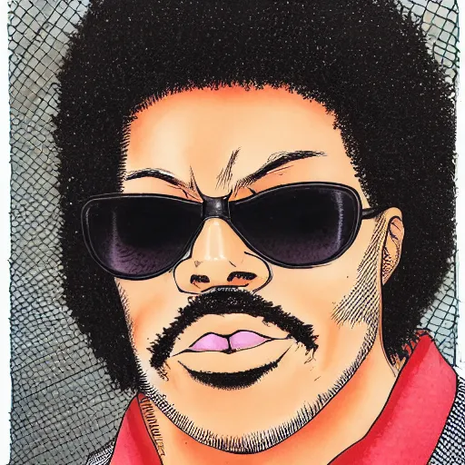 Image similar to a cool freckle-faced black dude wearing shades with red frizzy hair and a neck beard by masamune shirow