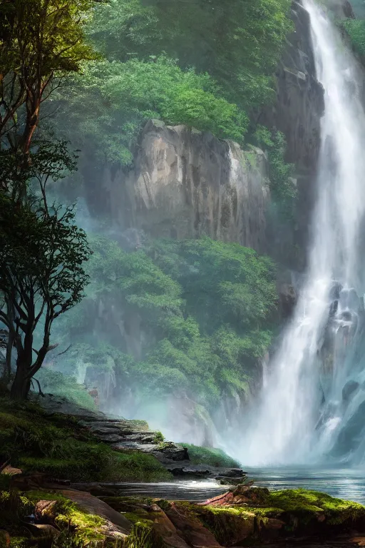 Image similar to low angle shot of a beautiful huge waterfall with black sparkling water, lovely valley, lush trees, by James Gurney, by Greg Rutkowski, concept art, volumetric lighting, intricate, vivid colors, octane render, trending on artstation, 8k