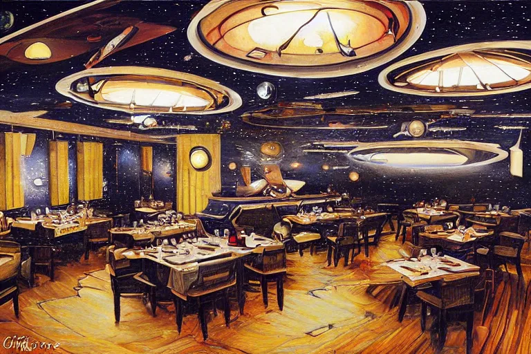 Prompt: interior view of the restaurant at the end of the universe, fine dining, by Chriss Foss