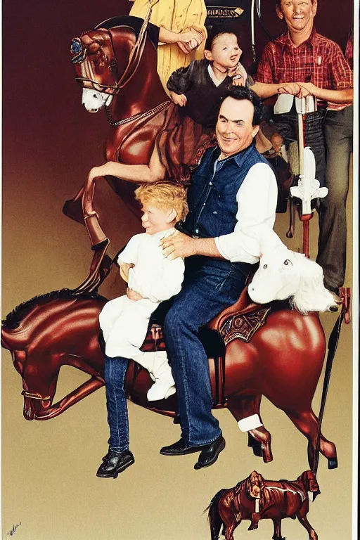 Prompt: a norman rockwell painting of norm macdonald sitting on children's rocking horse on the set of everybody loves raymond