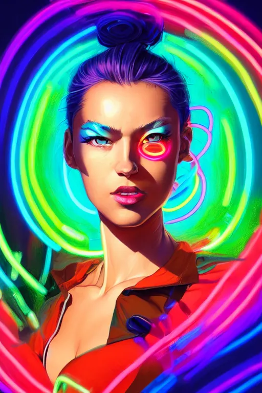 Image similar to a award winning half body portrait of a beautiful woman with stunning eyes in a croptop and cargo pants with rainbow colored hair, outlined by whirling illuminated neon lines and fine lines swirling in circles by jesper ejsing, rhads, makoto, shinkai, lois van baarle, digital art, trending on artstation