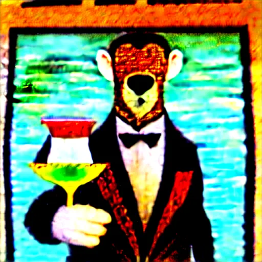 Image similar to a man holding a martini with an otter swimming in it while the otter gives a thumbs up in a 1 9 2 0 s advertisement poster